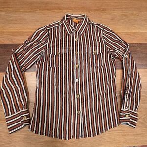 Tory Burch Button Down Dress Shirt Long Sleeve Stripe Blue Cream Orange Size 6